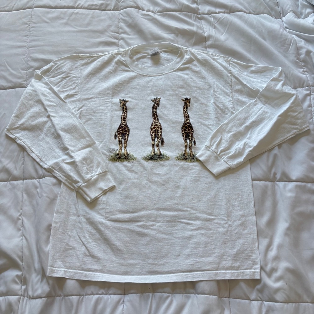 Vintage Giraffe Graphic Long Sleeve T-Shirt White Large Marty Byrne Art 90s Y2K